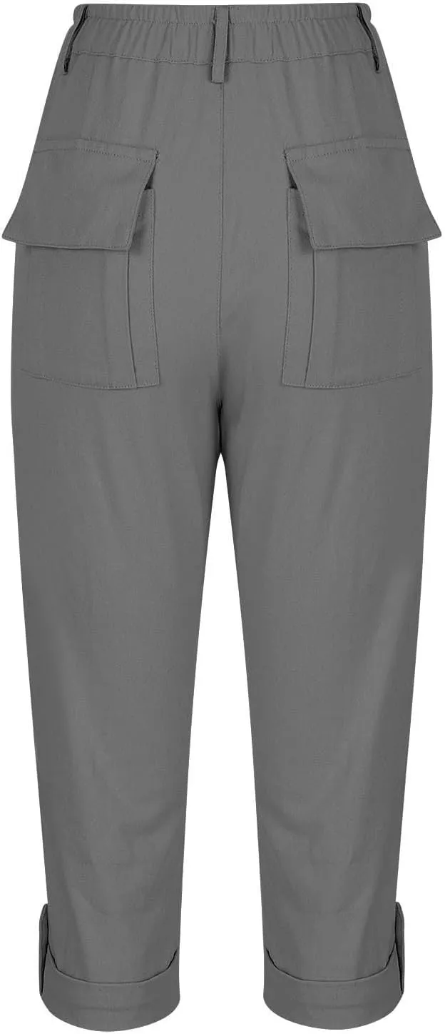 ADHOWBEW Capri Pants for Women Cargo Dressy Joggers Casual Pull On Cropped Hiking Work Pants with Pockets