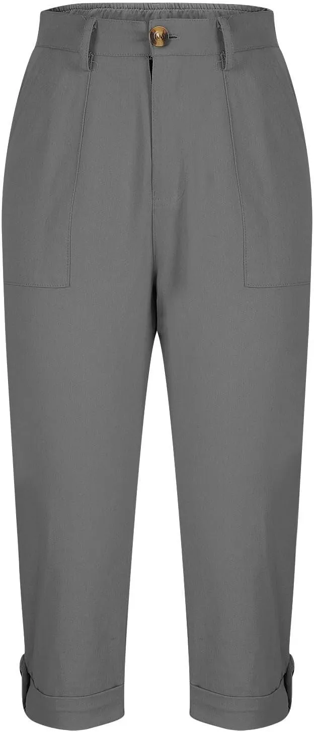 ADHOWBEW Capri Pants for Women Cargo Dressy Joggers Casual Pull On Cropped Hiking Work Pants with Pockets
