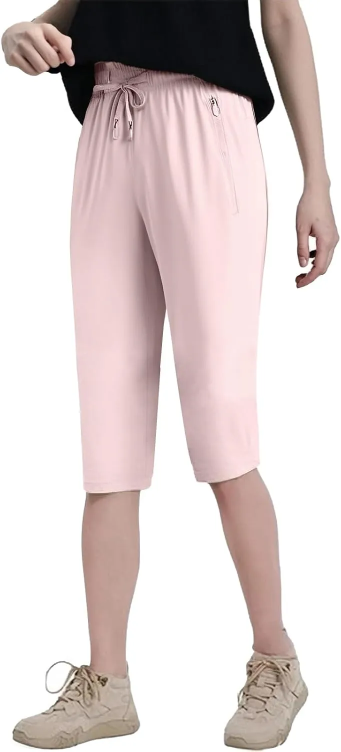 Beeswan Pants for Women Stretchy Active Capri Pants Drawstring Lightweight Quick Drying Hiking Pant with Zip Pockets