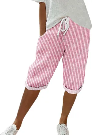 Bermuda Shorts for Women Knee Length Trendy Linen Shorts Casual Summer Plus Size Stripe Lounge Short with Pockets