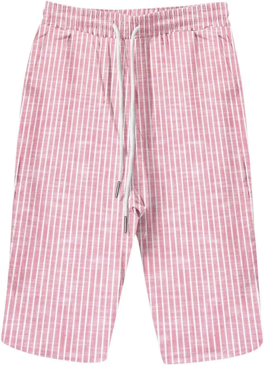 Bermuda Shorts for Women Knee Length Trendy Linen Shorts Casual Summer Plus Size Stripe Lounge Short with Pockets