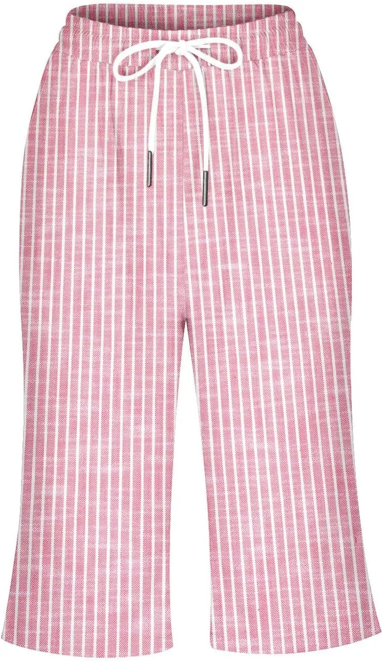 Bermuda Shorts for Women Knee Length Trendy Linen Shorts Casual Summer Plus Size Stripe Lounge Short with Pockets