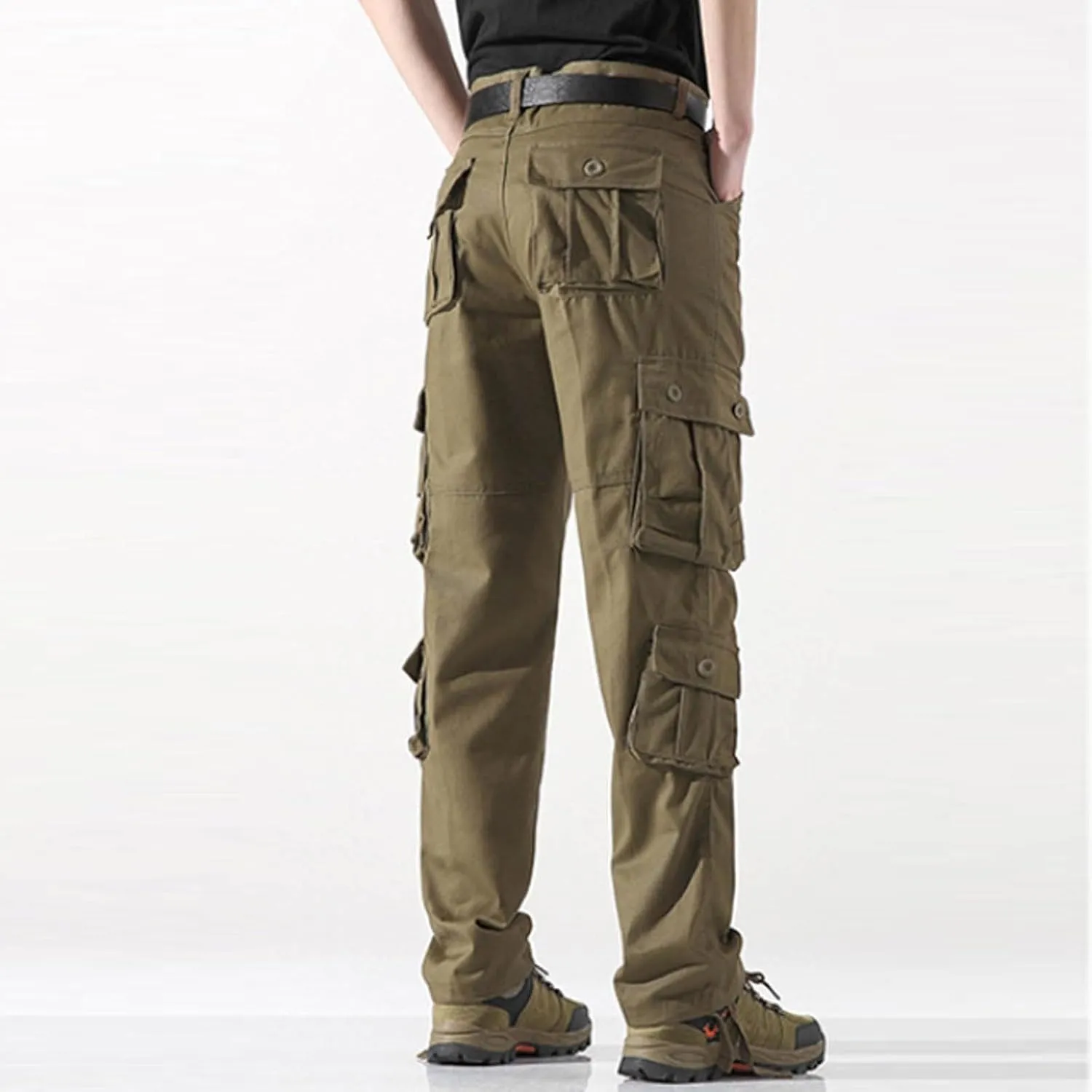 Black Cargo Joggers Men Drawstring Hip Hop Sweatpants Zippered Flap Pockets   Tapered Leg Casual Loose Fit Solid