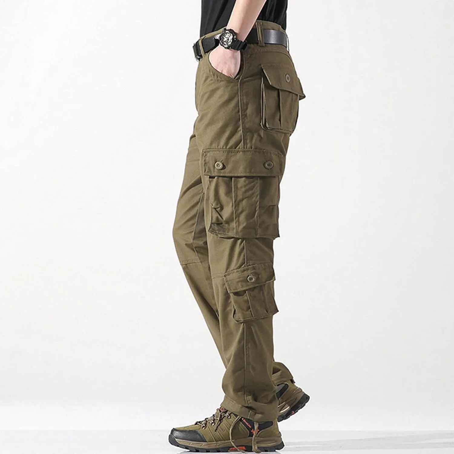 Black Cargo Joggers Men Drawstring Hip Hop Sweatpants Zippered Flap Pockets   Tapered Leg Casual Loose Fit Solid