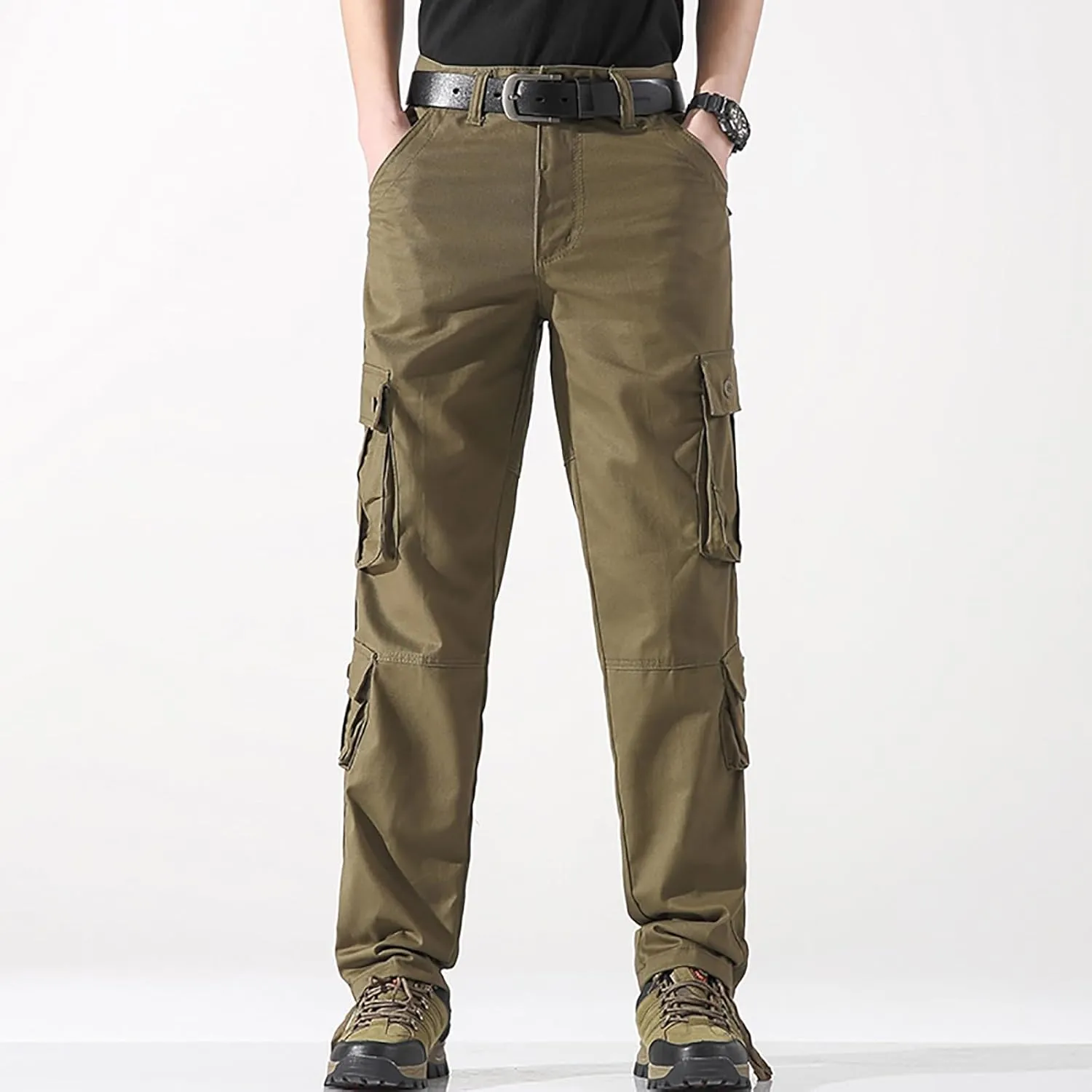 Black Cargo Joggers Men Drawstring Hip Hop Sweatpants Zippered Flap Pockets   Tapered Leg Casual Loose Fit Solid