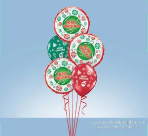 Bouquet de Merry Christmas con Mentas y Bastones de Caramelo, Globos Rojos y Verdes con Arbolitos y Santas