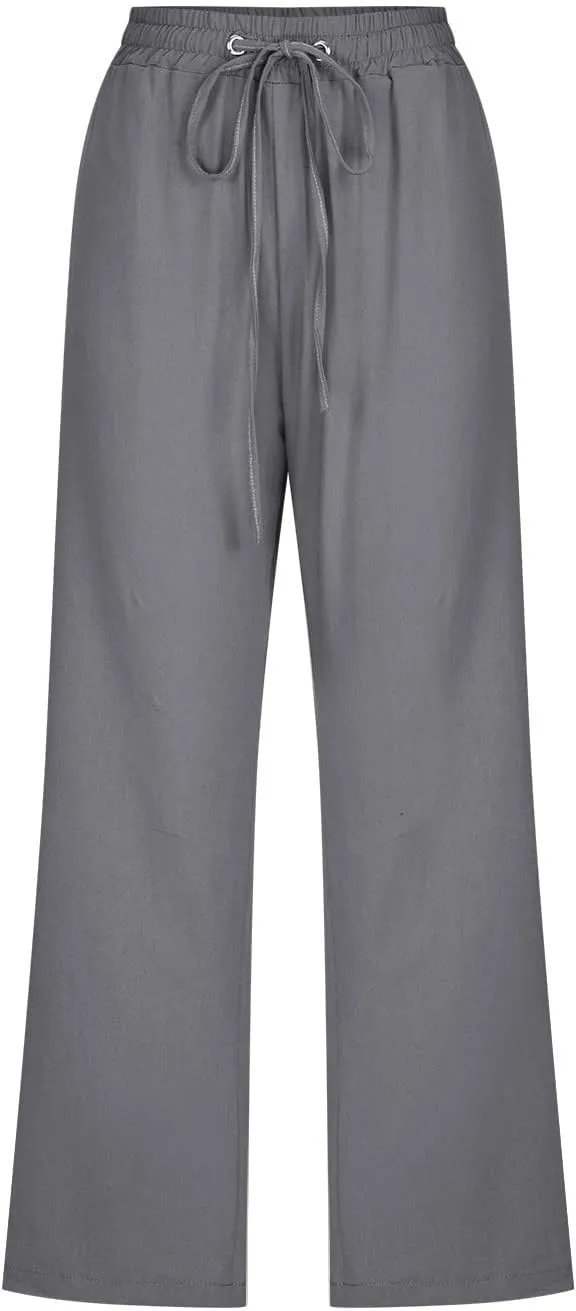 Capri Pants for Women Casual 2025 Summer Drawstring Elastic Waist Linen Pant Straight Wide Leg Pocket Cropped Trouser