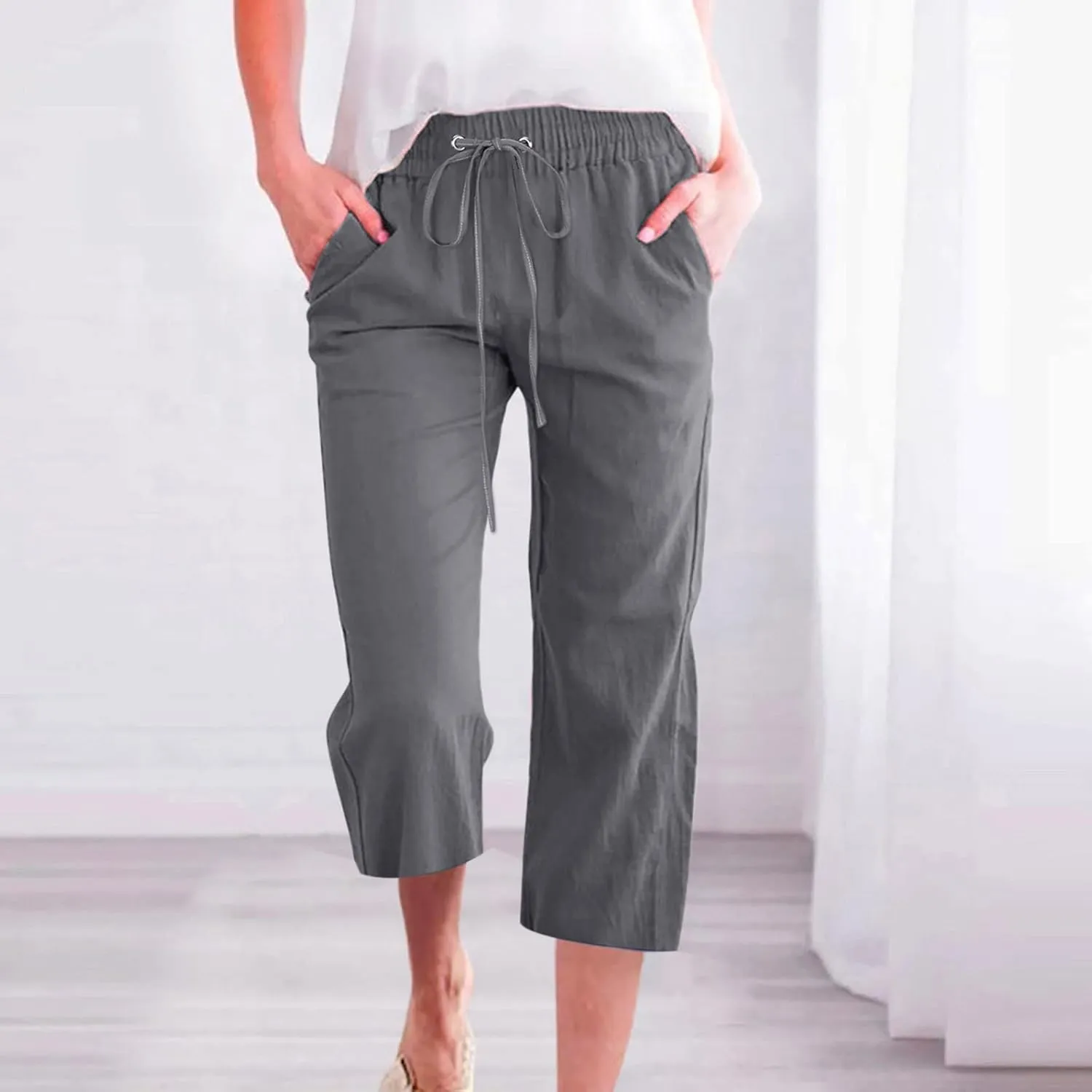 Capri Pants for Women Casual 2025 Summer Drawstring Elastic Waist Linen Pant Straight Wide Leg Pocket Cropped Trouser