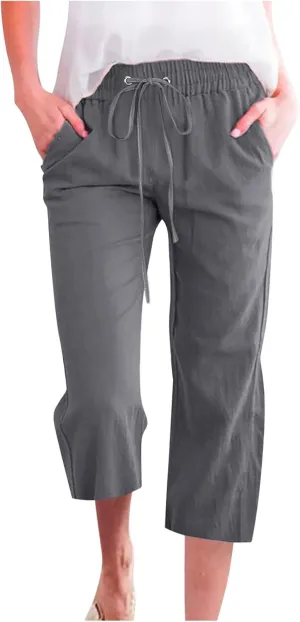 Capri Pants for Women Casual 2025 Summer Drawstring Elastic Waist Linen Pant Straight Wide Leg Pocket Cropped Trouser