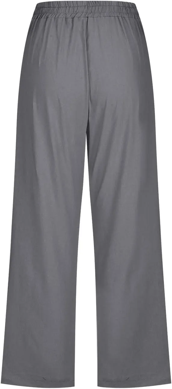Capri Pants for Women Casual 2025 Summer Drawstring Elastic Waist Linen Pant Straight Wide Leg Pocket Cropped Trouser