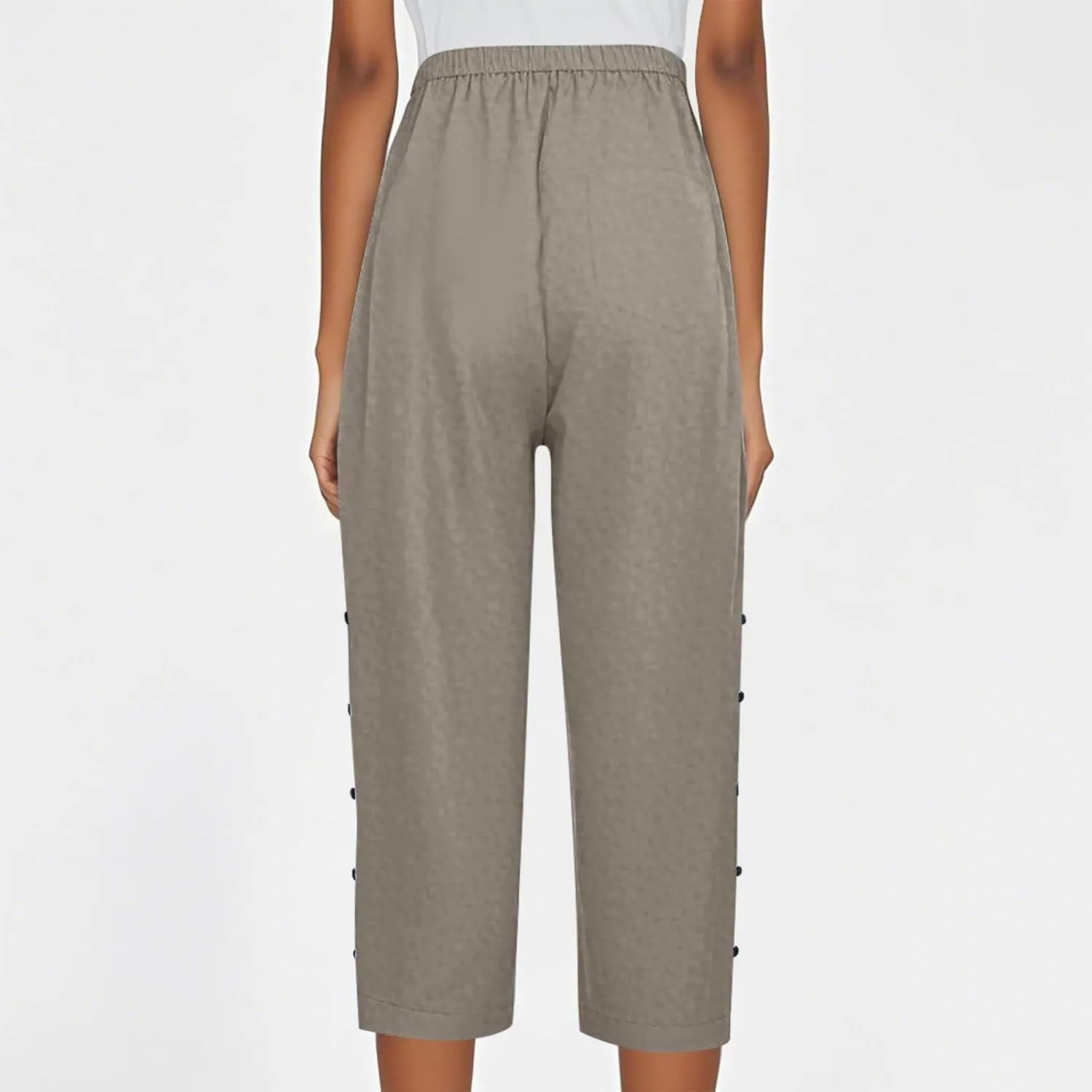 Capri Pants for Women Summer High Waist Elastic Straight Leg Lounge Pant Lightweight Side Button Beach Trousers
