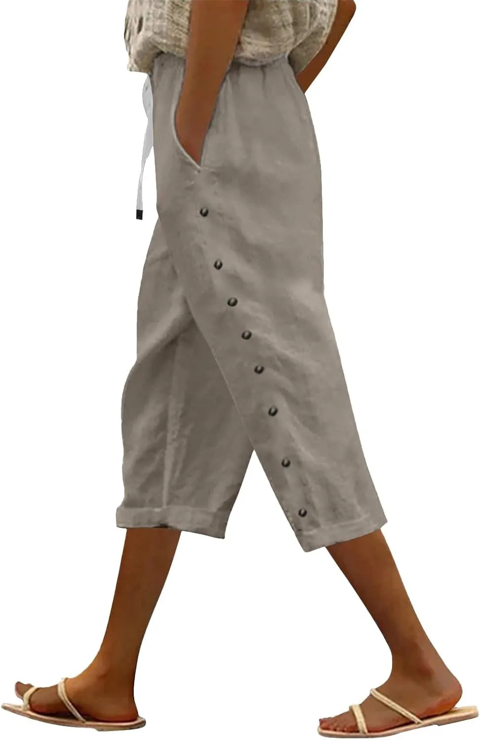 Capri Pants for Women Summer High Waist Elastic Straight Leg Lounge Pant Lightweight Side Button Beach Trousers