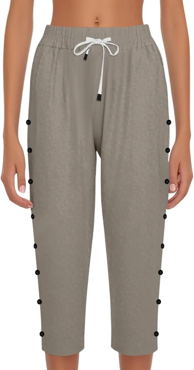 Capri Pants for Women Summer High Waist Elastic Straight Leg Lounge Pant Lightweight Side Button Beach Trousers