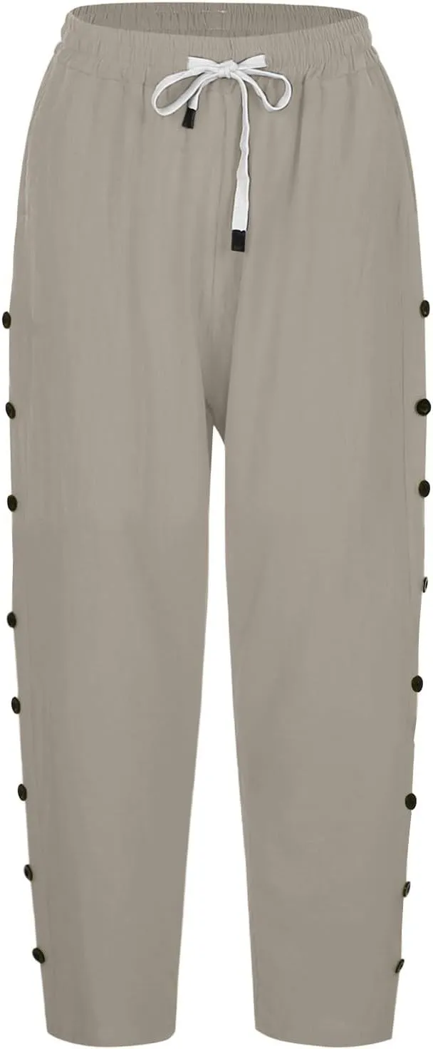 Capri Pants for Women Summer High Waist Elastic Straight Leg Lounge Pant Lightweight Side Button Beach Trousers