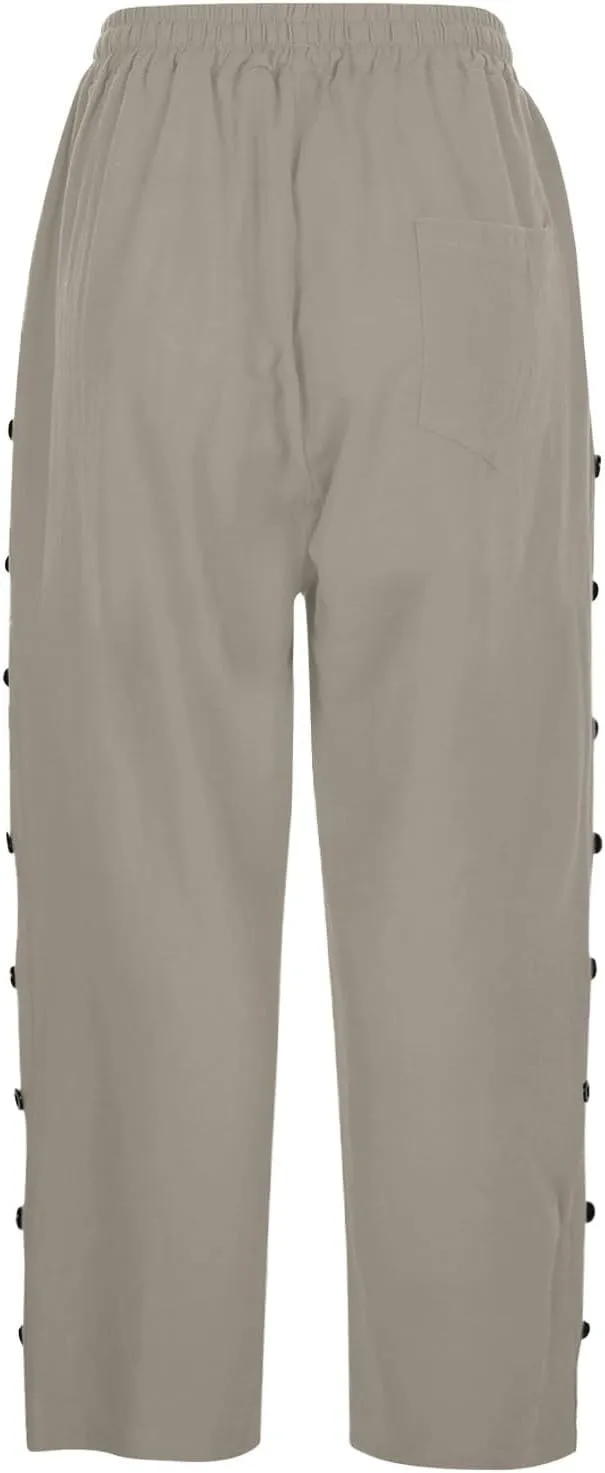 Capri Pants for Women Summer High Waist Elastic Straight Leg Lounge Pant Lightweight Side Button Beach Trousers