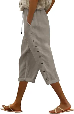 Capri Pants for Women Summer High Waist Elastic Straight Leg Lounge Pant Lightweight Side Button Beach Trousers