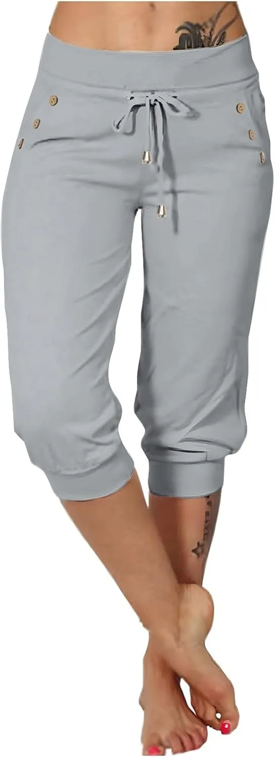 Capris Pant for Women High Waist Drawstring Stretch Jogger Soft Lightweight Yoga Hiking Pant with Pockets