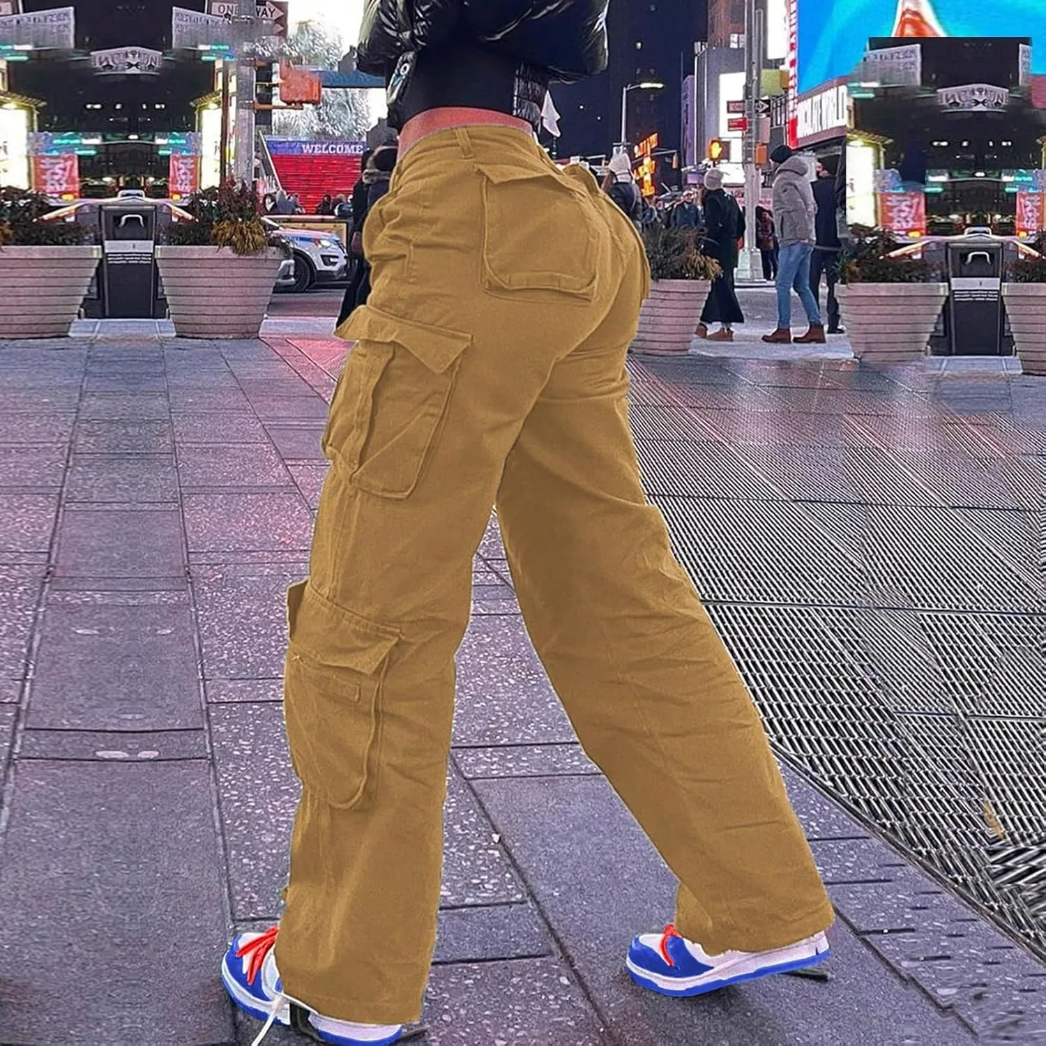 Cargo Jeans for Women Boyfriend Straight Leg Jeans Baggy Casual Denim Elastic High Waisted Cargo Pants with Pockets