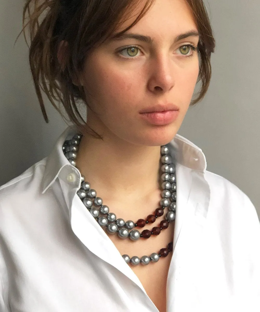 Collier de perles 3 rangs style Jackie - Gris et cristaux marron - FlotB
