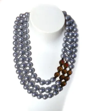 Collier de perles 3 rangs style Jackie - Gris et cristaux marron - FlotB