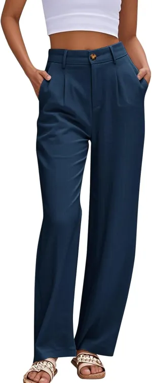 fanmpghleoo Dress Pants Women High Waisted Straight Wide Leg Linen Pants Summer Business Casual Linen Trousers with Pockets