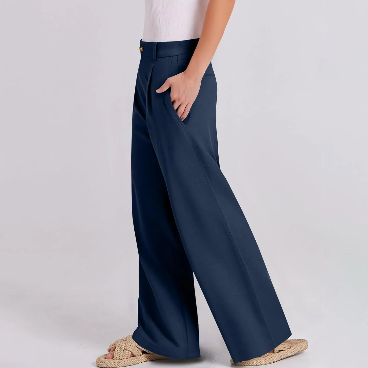 fanmpghleoo Dress Pants Women High Waisted Straight Wide Leg Linen Pants Summer Business Casual Linen Trousers with Pockets