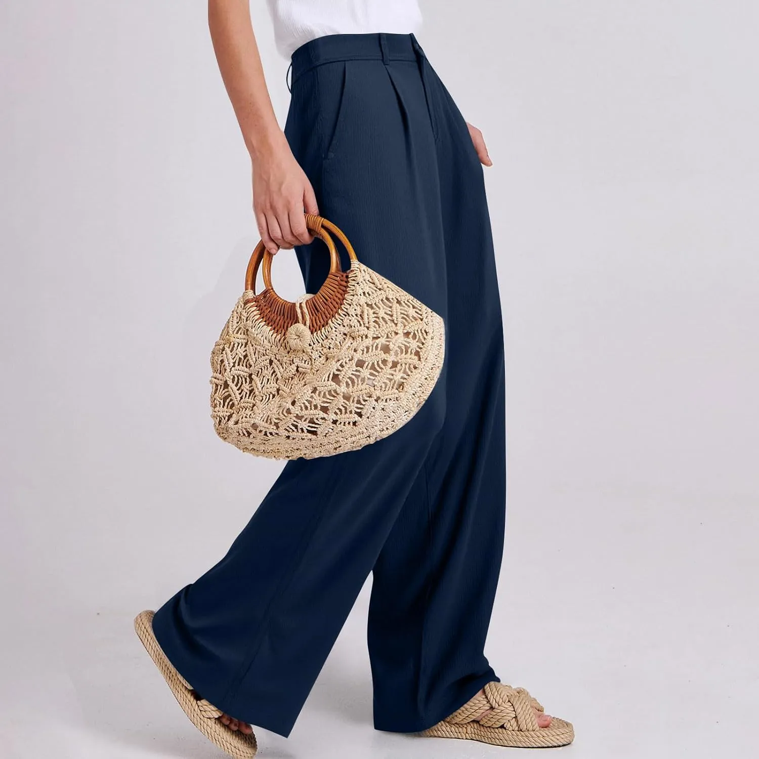 fanmpghleoo Dress Pants Women High Waisted Straight Wide Leg Linen Pants Summer Business Casual Linen Trousers with Pockets