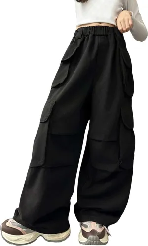 Girls Baggy Straight Cargo Pants Vintage Wide Leg Trendy Joggers Solide Color Soft Cool Trousers with Pockets Pants