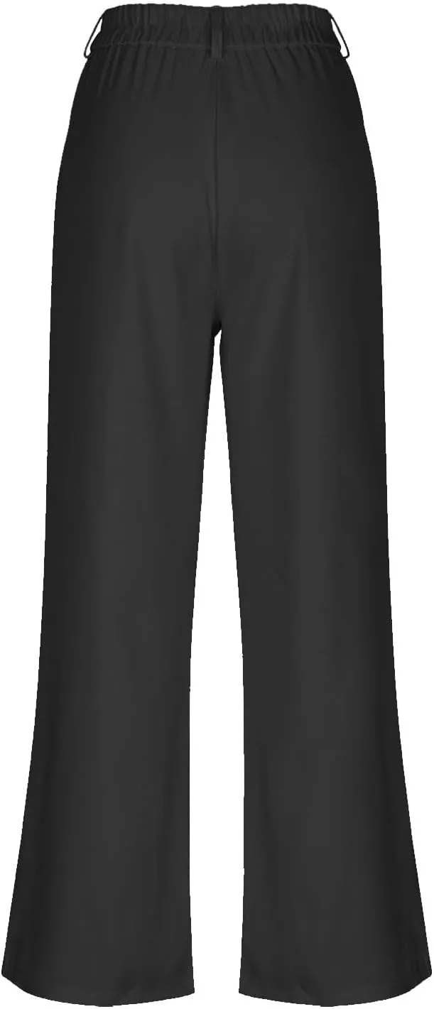 Girls Linen Palazzo High Elastic Waist Casual Trousers Straight Wide Leg Pants Business Lounge Y2k