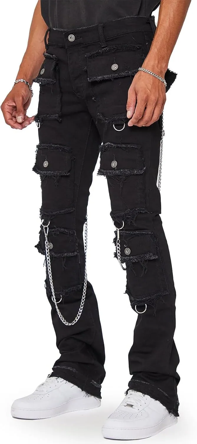Hulpvktsgiq Jeans for Men Ripped Stretch Fit Skinny Stacked Rhinestone Jeans Slim Fit Denim Pants Fashion Trousers Streetwear
