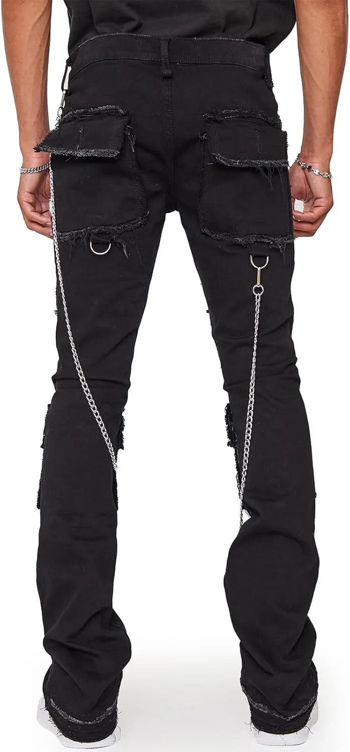 Hulpvktsgiq Jeans for Men Ripped Stretch Fit Skinny Stacked Rhinestone Jeans Slim Fit Denim Pants Fashion Trousers Streetwear