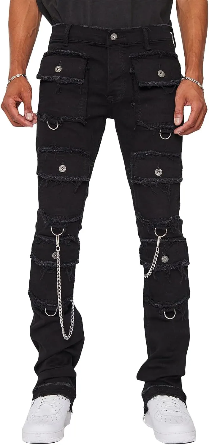 Hulpvktsgiq Jeans for Men Ripped Stretch Fit Skinny Stacked Rhinestone Jeans Slim Fit Denim Pants Fashion Trousers Streetwear