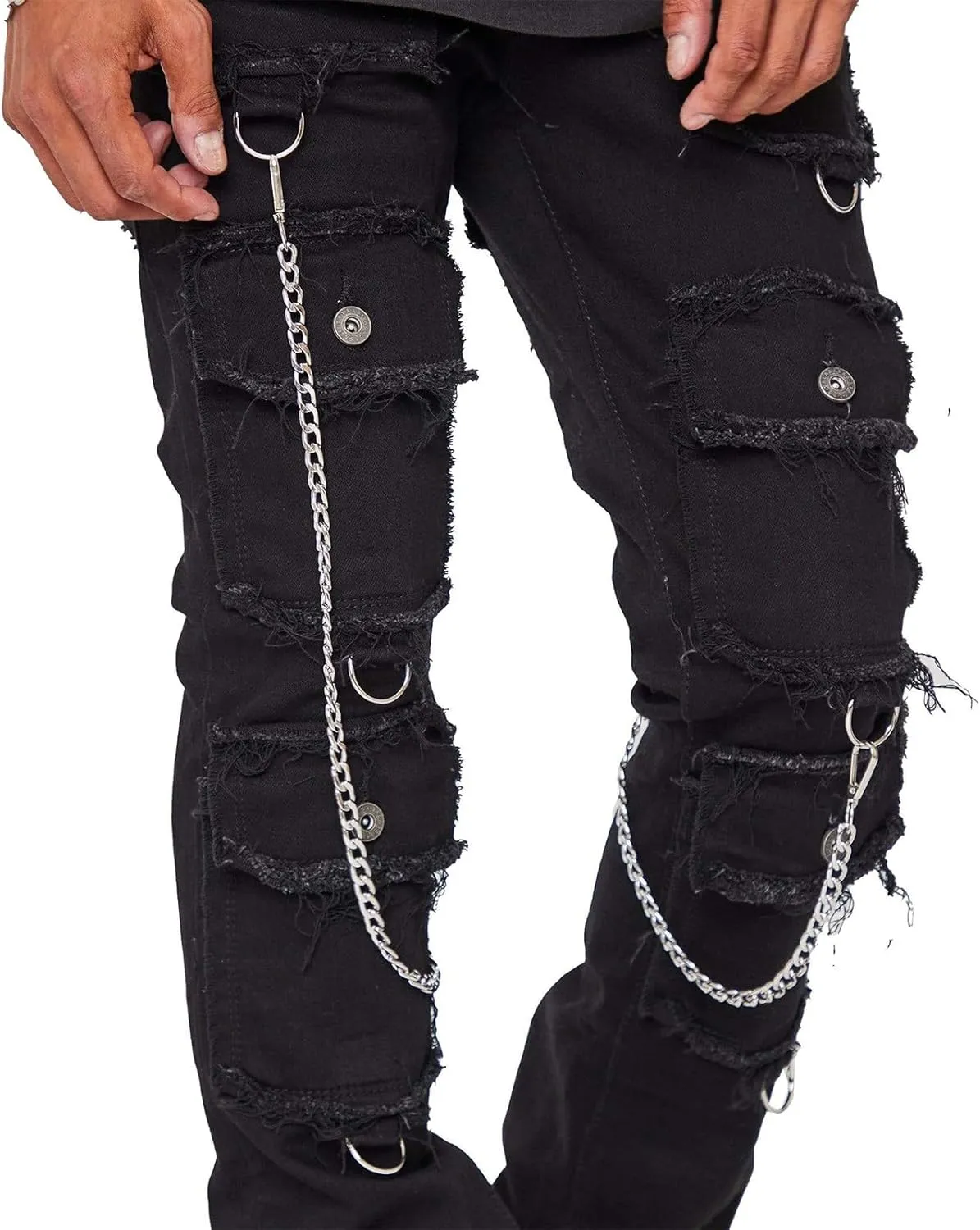 Hulpvktsgiq Jeans for Men Ripped Stretch Fit Skinny Stacked Rhinestone Jeans Slim Fit Denim Pants Fashion Trousers Streetwear