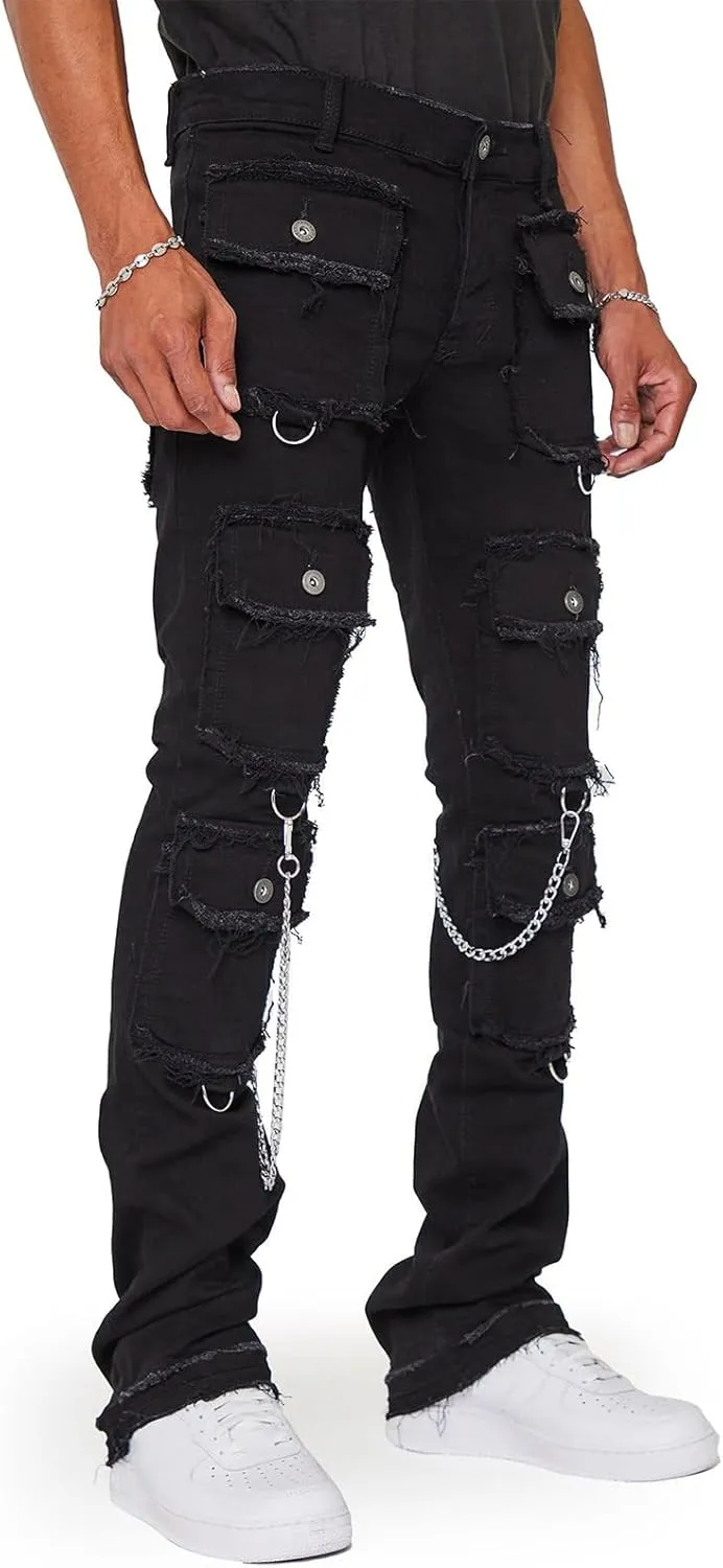 Hulpvktsgiq Jeans for Men Ripped Stretch Fit Skinny Stacked Rhinestone Jeans Slim Fit Denim Pants Fashion Trousers Streetwear