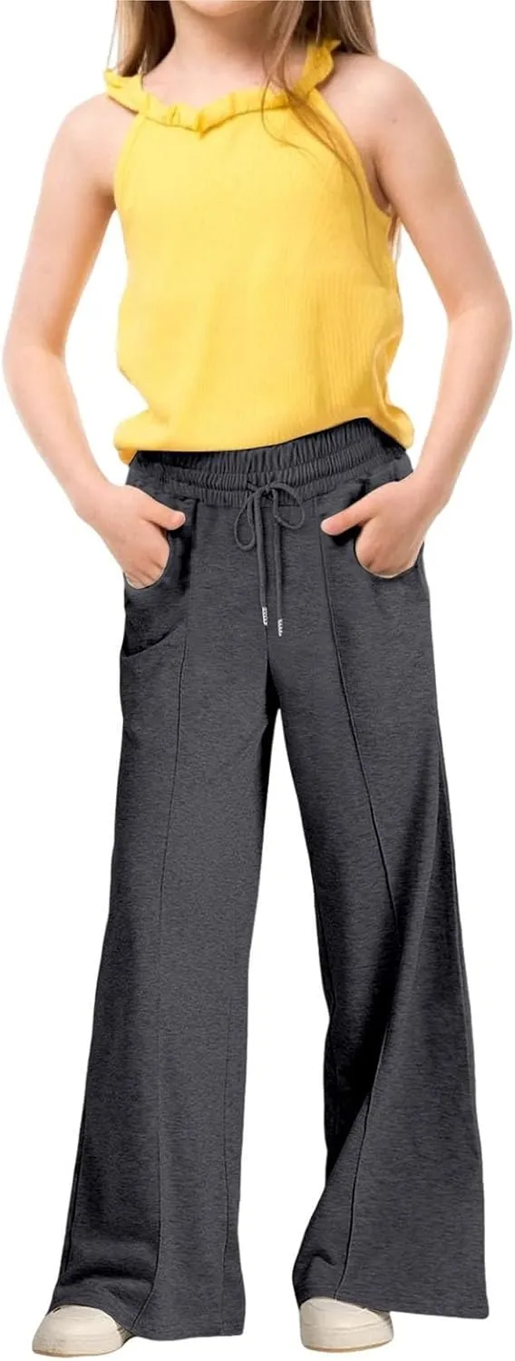 Kids Girls Cotton Palazzo Pants Solid Baggy Wide Leg Elastic Waist Breathable Casual Trousers Trendy Comfy Pants Pockets