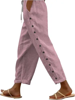 Linen Capris for Women Lightweight Summer Pants Drawstring Elastic Waisted Vacation Beach Linen Pants Casual Travel Trousers