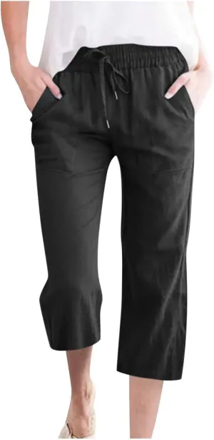 Linen Pants for Women Petite Short Loose Fitting Lightweight Joggers High Waisted Cropped Pants with Pockets