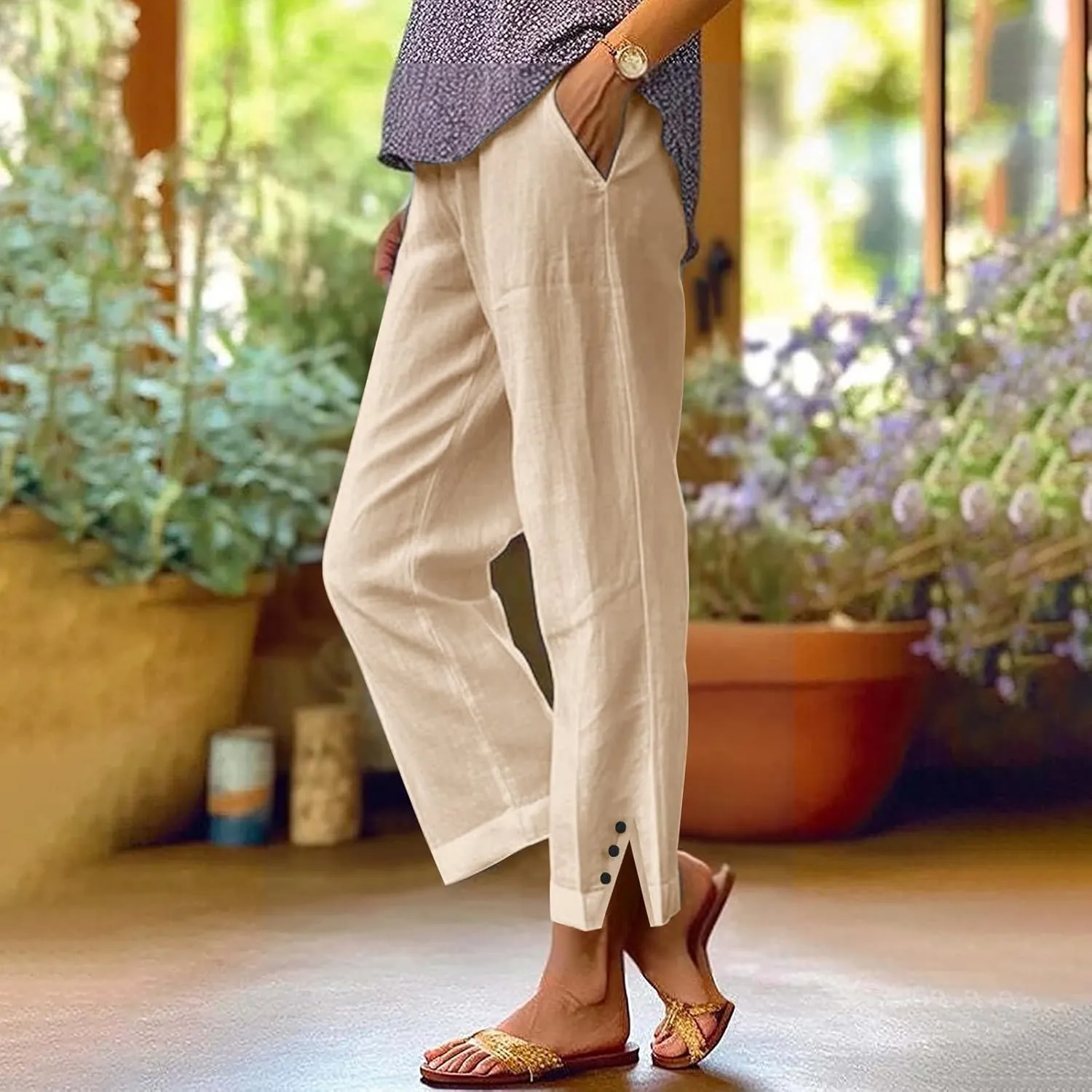 Linen Pants Women 2025 Summer Wide Leg Pants Casual Palazzo Pants Drawstring Elastic Straight Leg Lounge Beach Trousers