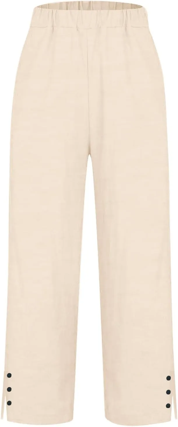 Linen Pants Women 2025 Summer Wide Leg Pants Casual Palazzo Pants Drawstring Elastic Straight Leg Lounge Beach Trousers