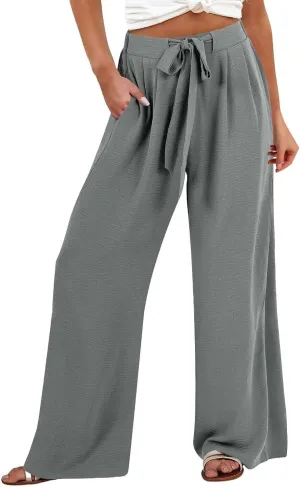 Linen Pants Women Wide Leg High Waist Casual Loose Pants Summer Beach Palazzo Flowly Drawstring Trousers with Pockets
