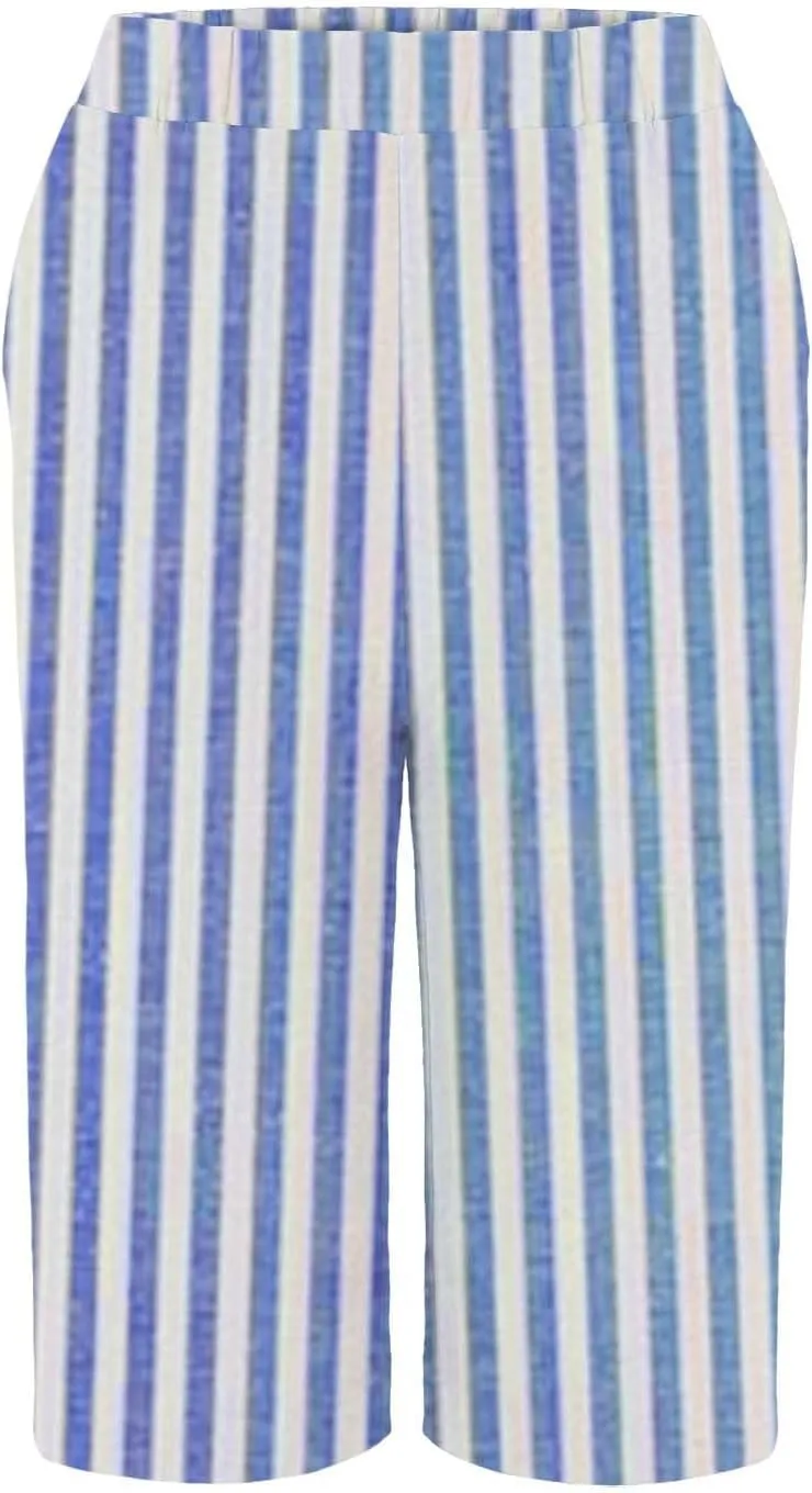 Linen Shorts for Women Summer Casual Stripe Bermuda Shorts Elastic Waist Drawstring Beach Lounge Short with Pockets