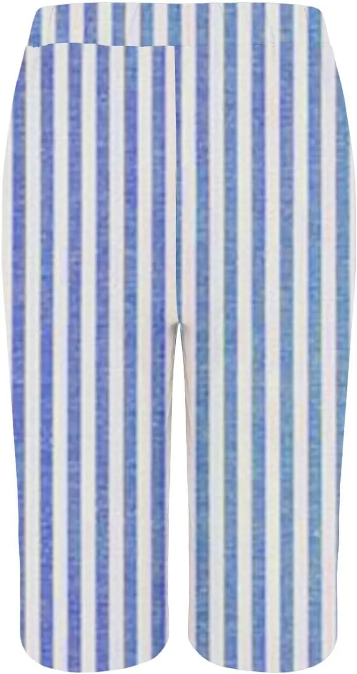 Linen Shorts for Women Summer Casual Stripe Bermuda Shorts Elastic Waist Drawstring Beach Lounge Short with Pockets