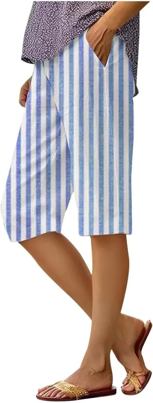 Linen Shorts for Women Summer Casual Stripe Bermuda Shorts Elastic Waist Drawstring Beach Lounge Short with Pockets