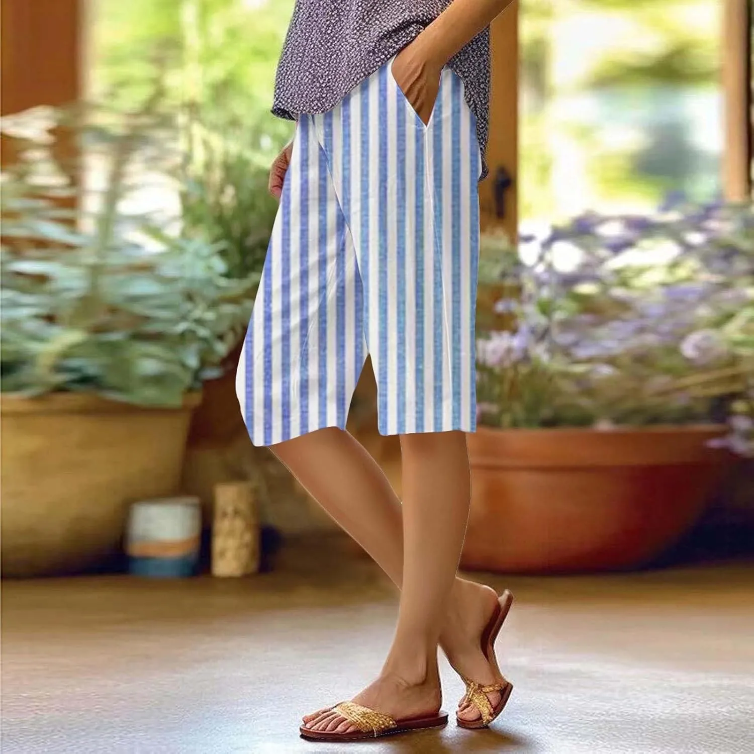 Linen Shorts for Women Summer Casual Stripe Bermuda Shorts Elastic Waist Drawstring Beach Lounge Short with Pockets