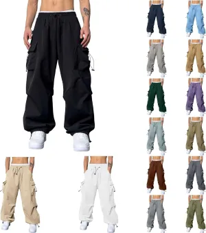 Mens Baggy Cargo Pants Trendy Casual Parachute Pants Loose Fit Harem Joggers for Streetwear Y2k Clothes with Pockets