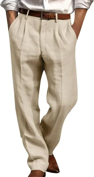 Men's Linen Cotton Pants Relaxed Fit Yoga Pants Summer Casual Beach Trousers with Pockets