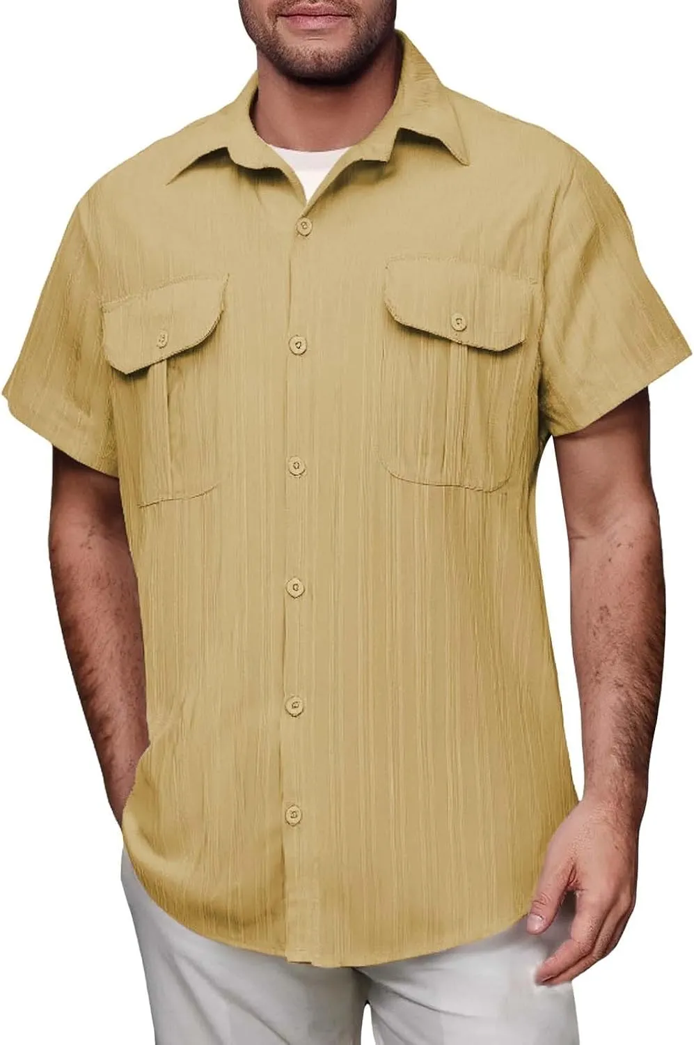 Mens Linen Striped Cargo Shirts 2025 Button Down Polo Shirt Quick Dry Short Sleeve Tactical Sweatshirts with Pockets