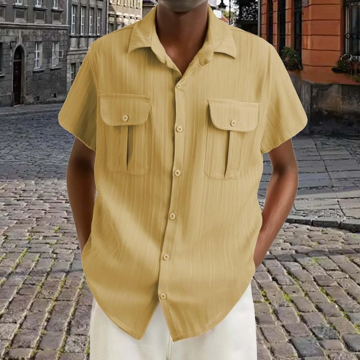Mens Linen Striped Cargo Shirts 2025 Button Down Polo Shirt Quick Dry Short Sleeve Tactical Sweatshirts with Pockets