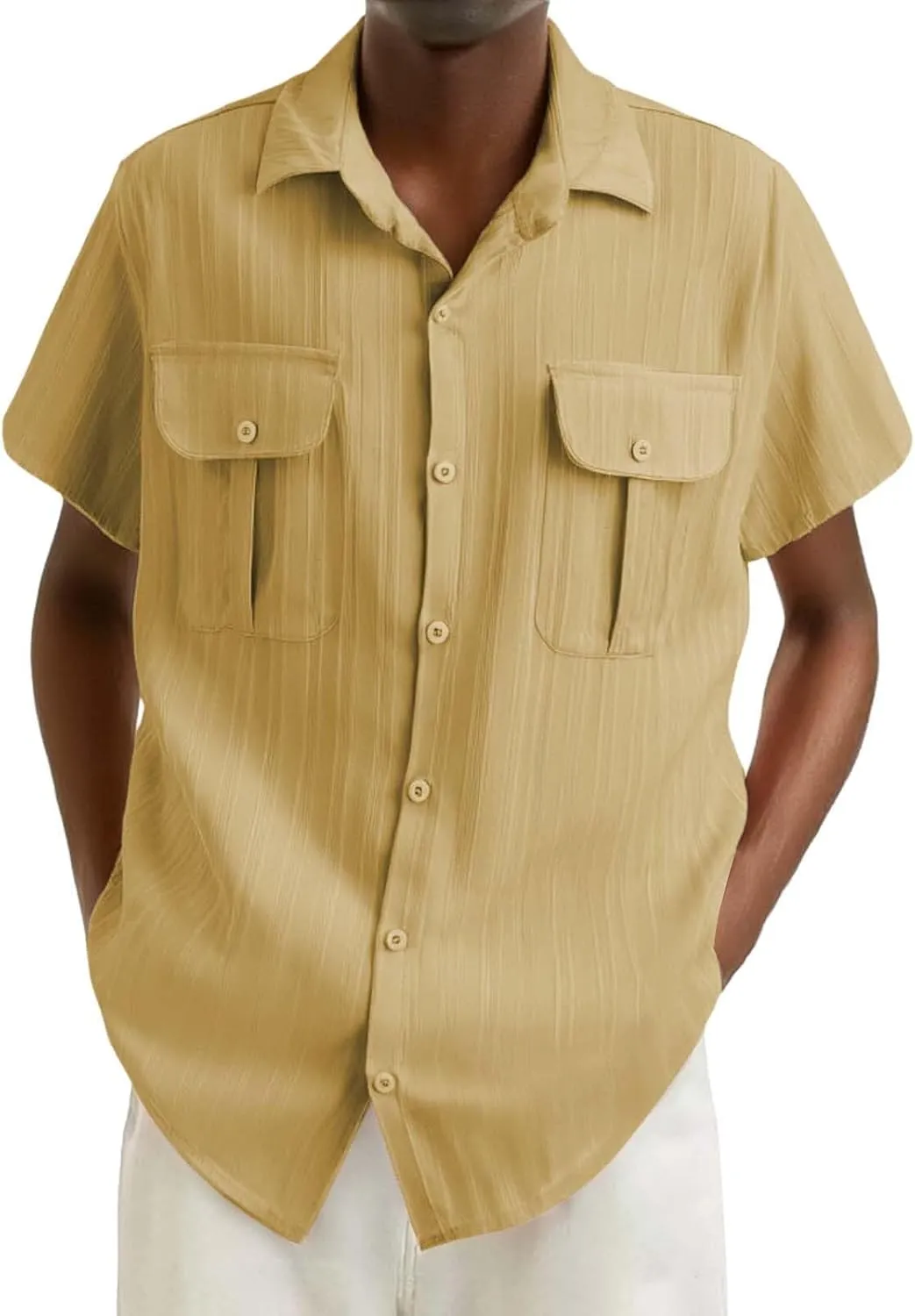 Mens Linen Striped Cargo Shirts 2025 Button Down Polo Shirt Quick Dry Short Sleeve Tactical Sweatshirts with Pockets