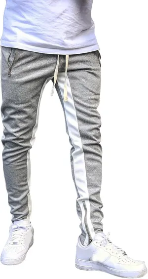Mens Stripe Track Pants Skinny Fit Stretch Elastic Waist Ankle Zipper Joggers Workout Active Pants Streetwear